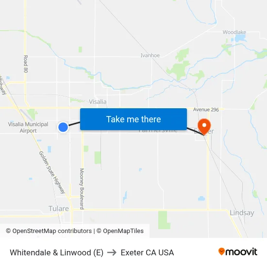 Whitendale & Linwood (E) to Exeter CA USA map