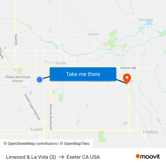 Linwood & La Vida (S) to Exeter CA USA map