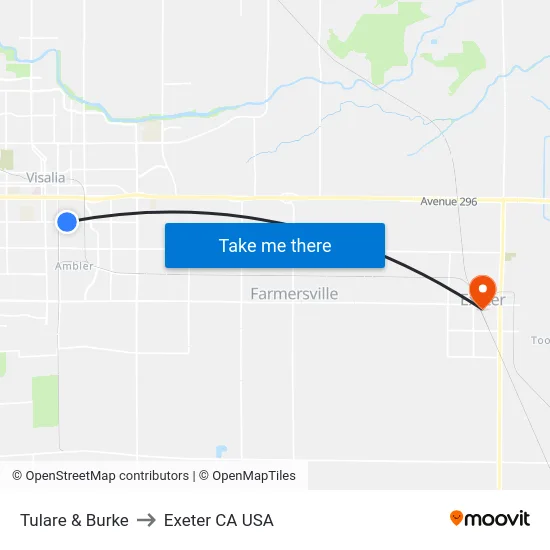 Tulare & Burke to Exeter CA USA map