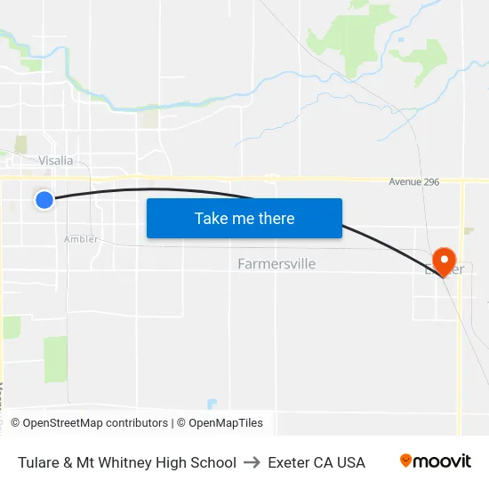 Tulare & Mt Whitney High School to Exeter CA USA map