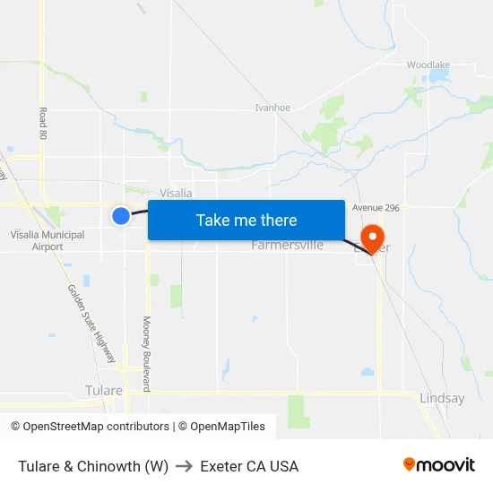 Tulare & Chinowth (W) to Exeter CA USA map