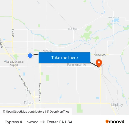 Cypress & Linwood to Exeter CA USA map