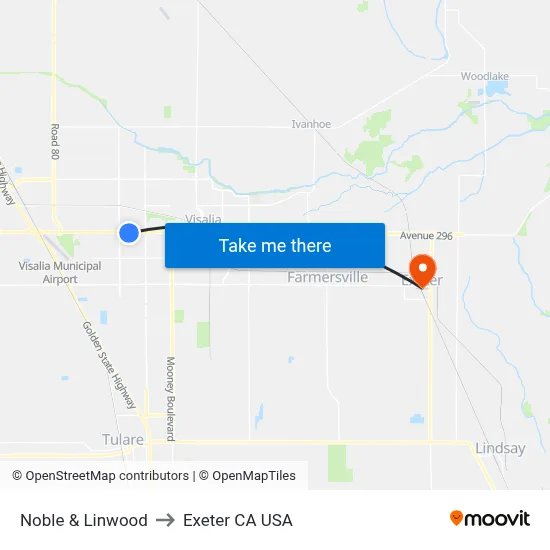 Noble & Linwood to Exeter CA USA map