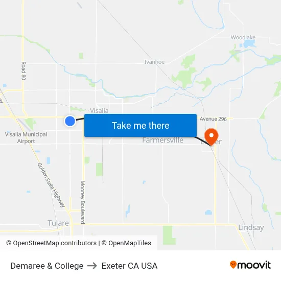 Demaree & College to Exeter CA USA map