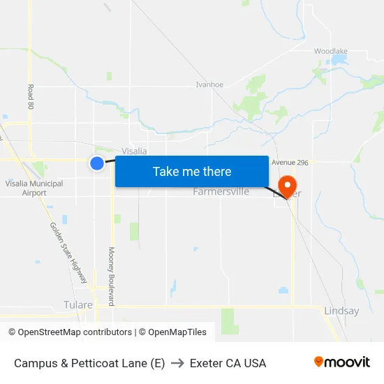 Campus & Petticoat Lane (E) to Exeter CA USA map