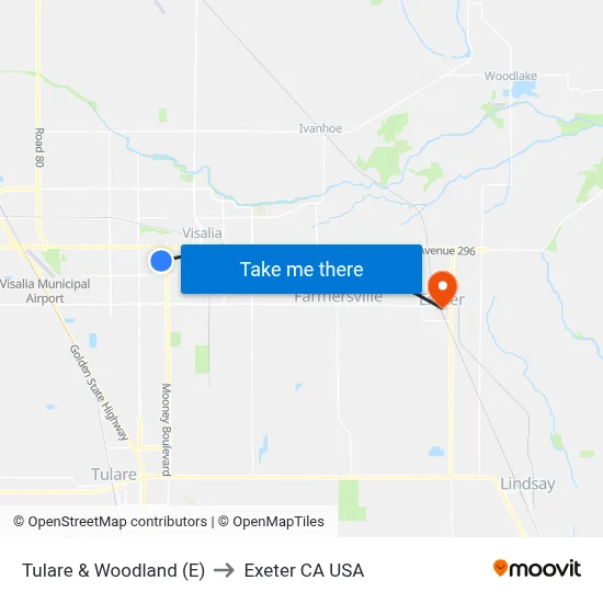 Tulare & Woodland (E) to Exeter CA USA map