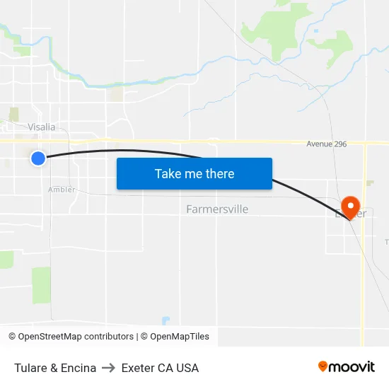 Tulare & Encina to Exeter CA USA map