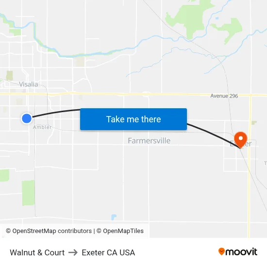 Walnut & Court to Exeter CA USA map
