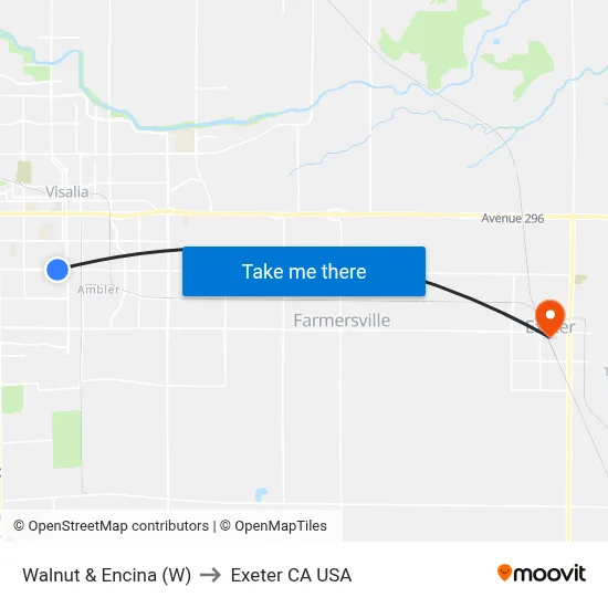 Walnut & Encina (W) to Exeter CA USA map