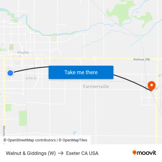 Walnut & Giddings (W) to Exeter CA USA map