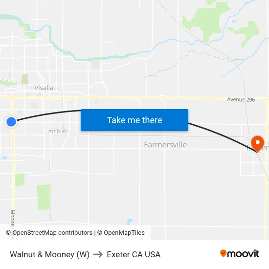 Walnut & Mooney (W) to Exeter CA USA map