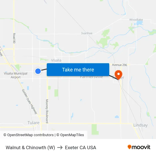 Walnut & Chinowth (W) to Exeter CA USA map