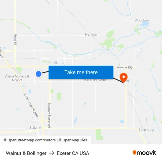 Walnut & Bollinger to Exeter CA USA map