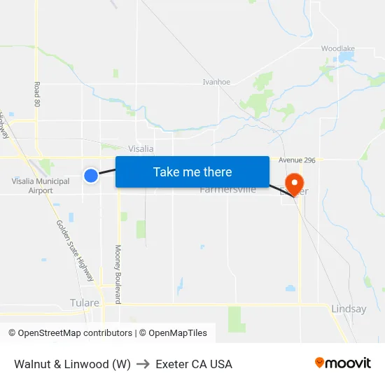 Walnut & Linwood (W) to Exeter CA USA map