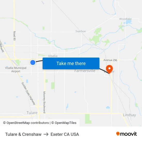 Tulare & Crenshaw to Exeter CA USA map