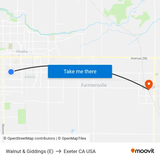 Walnut & Giddings (E) to Exeter CA USA map