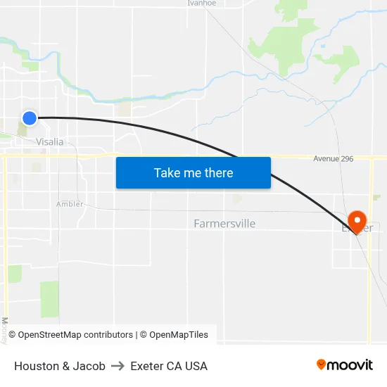 Houston & Jacob to Exeter CA USA map