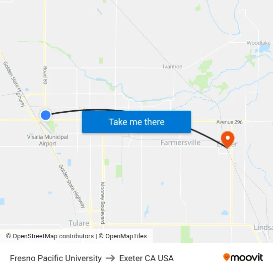 Fresno Pacific University to Exeter CA USA map