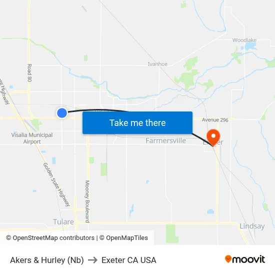 Akers & Hurley (Nb) to Exeter CA USA map