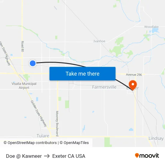 Doe @ Kawneer to Exeter CA USA map