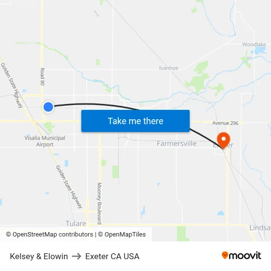 Kelsey & Elowin to Exeter CA USA map