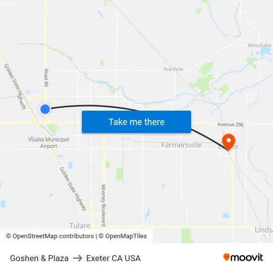 Goshen & Plaza to Exeter CA USA map