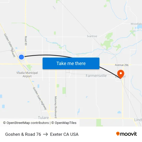Goshen & Road 76 to Exeter CA USA map