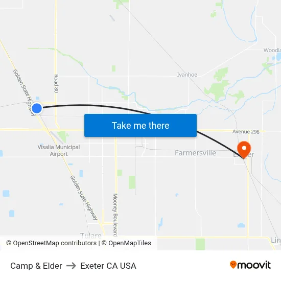 Camp & Elder to Exeter CA USA map
