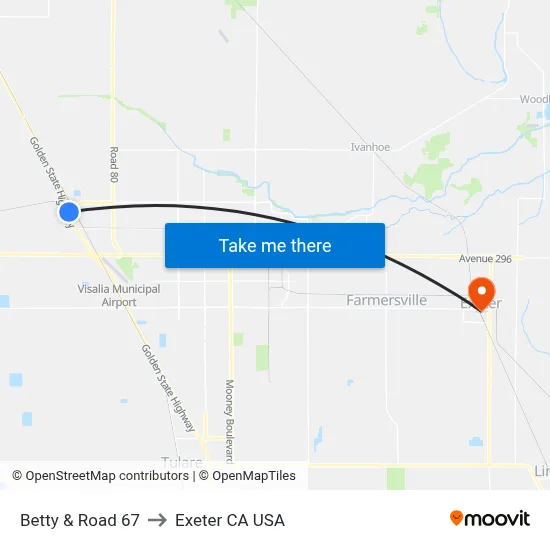 Betty & Road 67 to Exeter CA USA map
