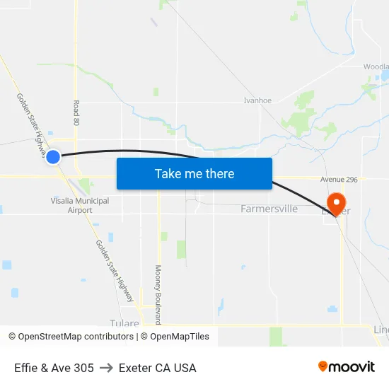 Effie & Ave 305 to Exeter CA USA map
