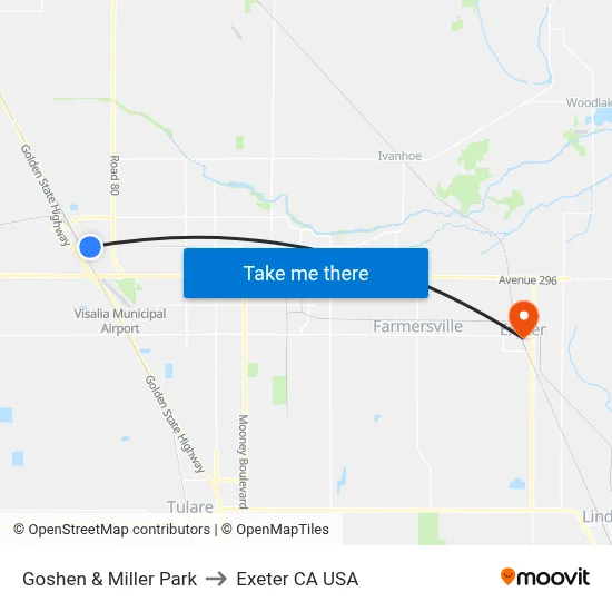 Goshen & Miller Park to Exeter CA USA map