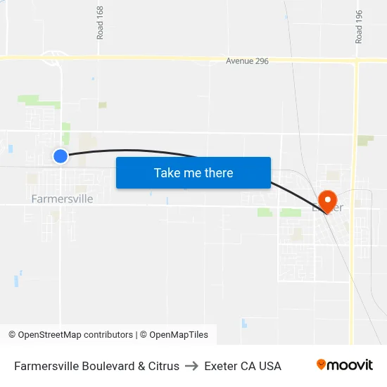 Farmersville Boulevard & Citrus to Exeter CA USA map