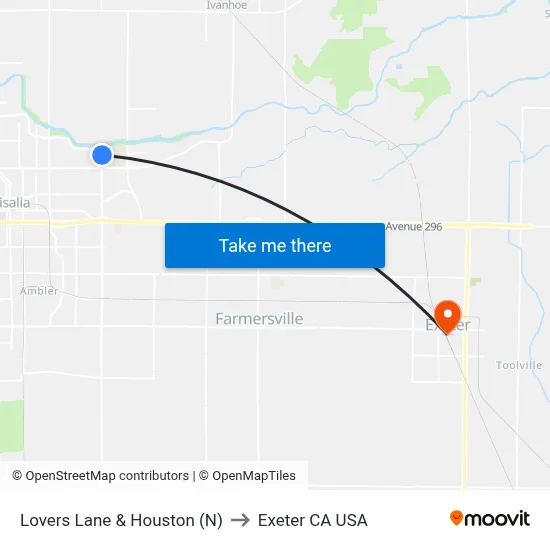 Lovers Lane & Houston (N) to Exeter CA USA map