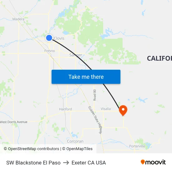 SW Blackstone El Paso to Exeter CA USA map