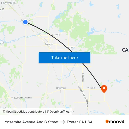 Yosemite Avenue And G Street to Exeter CA USA map