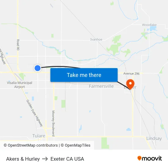 Akers & Hurley to Exeter CA USA map