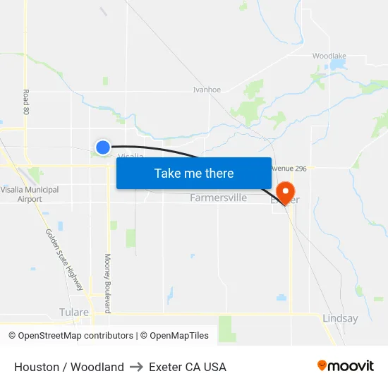 Houston / Woodland to Exeter CA USA map