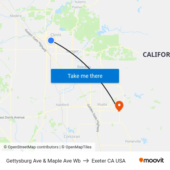Gettysburg Ave & Maple Ave Wb to Exeter CA USA map