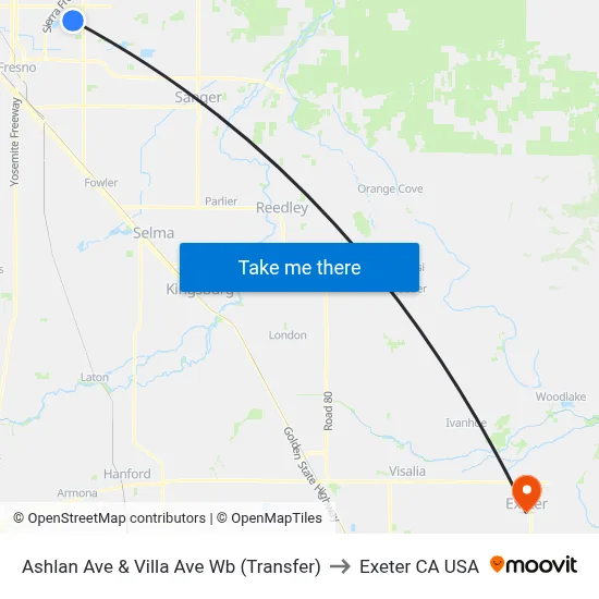 Ashlan Ave & Villa Ave Wb (Transfer) to Exeter CA USA map