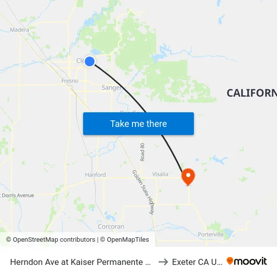Herndon Ave at Kaiser Permanente Clovis to Exeter CA USA map