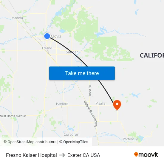 Fresno Kaiser Hospital to Exeter CA USA map