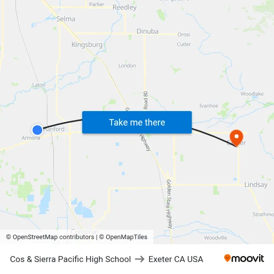Cos & Sierra Pacific High School to Exeter CA USA map
