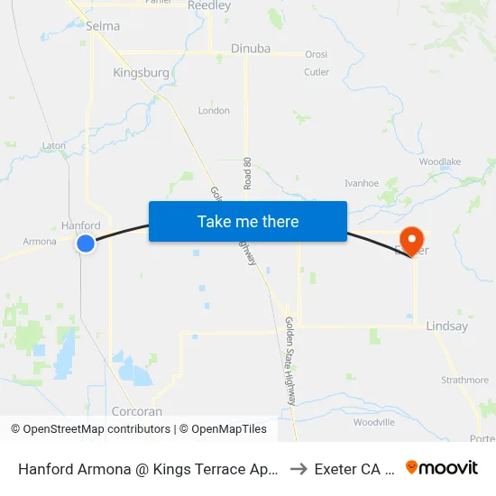 Hanford Armona @ Kings Terrace Apartments to Exeter CA USA map