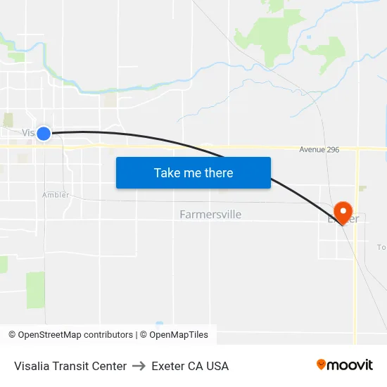 Visalia Transit Center to Exeter CA USA map
