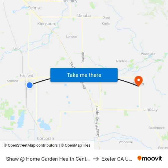 Shaw @ Home Garden Health Center to Exeter CA USA map