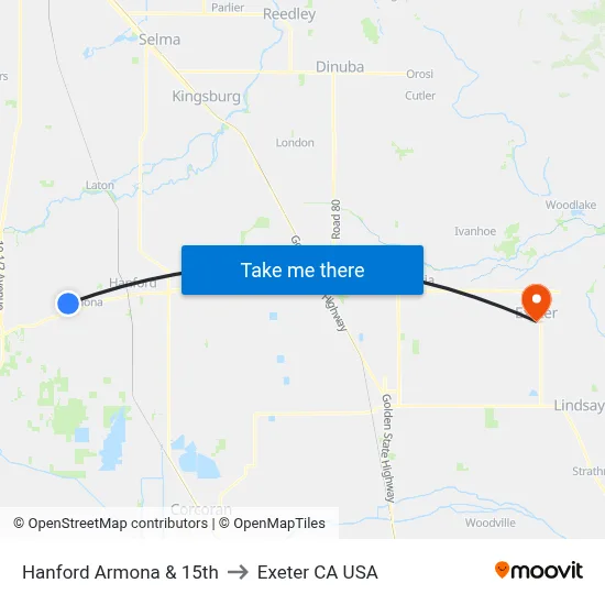 Hanford Armona & 15th to Exeter CA USA map