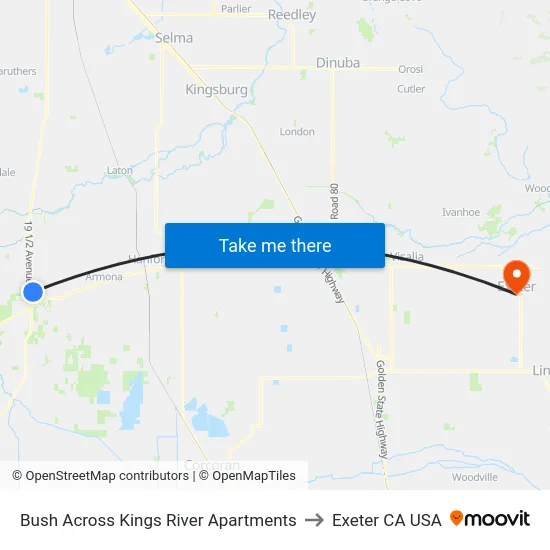 Bush Across  Kings River Apartments to Exeter CA USA map