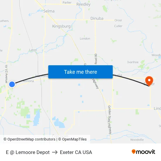 E @ Lemoore Depot to Exeter CA USA map