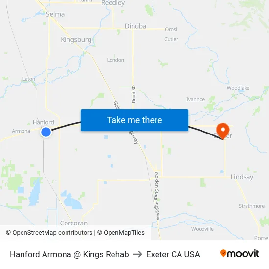 Hanford Armona @ Kings Rehab to Exeter CA USA map