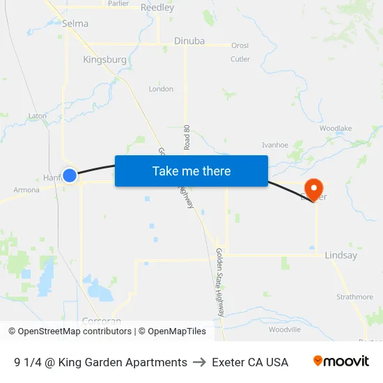 9 1/4 @ King Garden Apartments to Exeter CA USA map